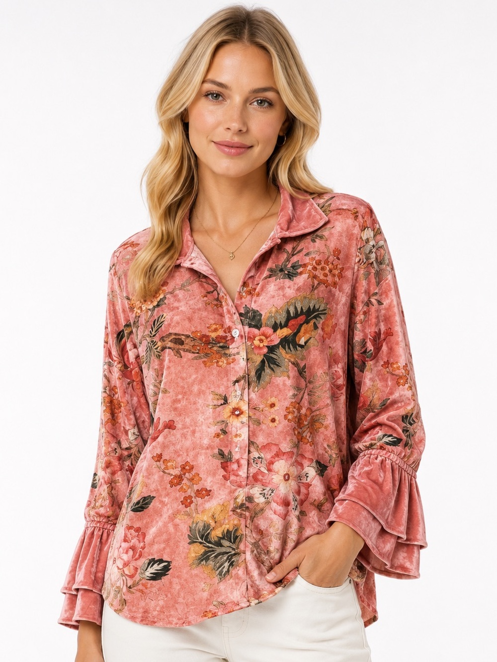 Floral Pink Velvet Women's Top With Ruffle Sleeves
